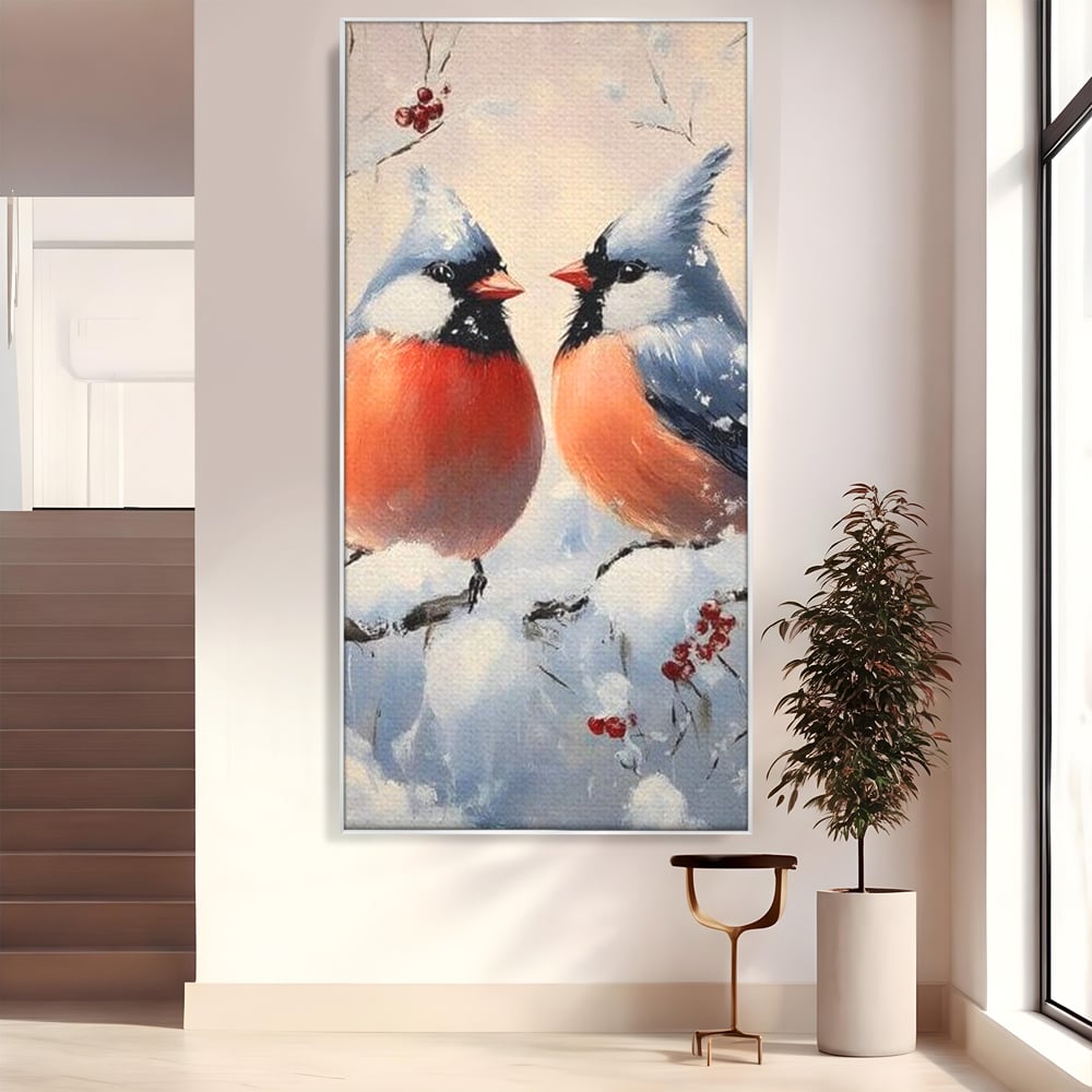 Tablou canvas cu tablou canvas cu doi pasari cardinali in iarna, in rama de aluminiu argintiu